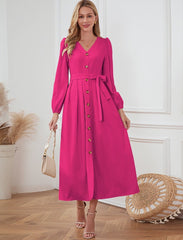 V-Neck Button Up Tie Front Long Sleeve Dress