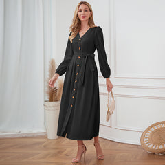 V-Neck Button Up Tie Front Long Sleeve Dress