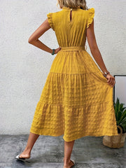 Tied Ruffled Cap Sleeve Midi Dress