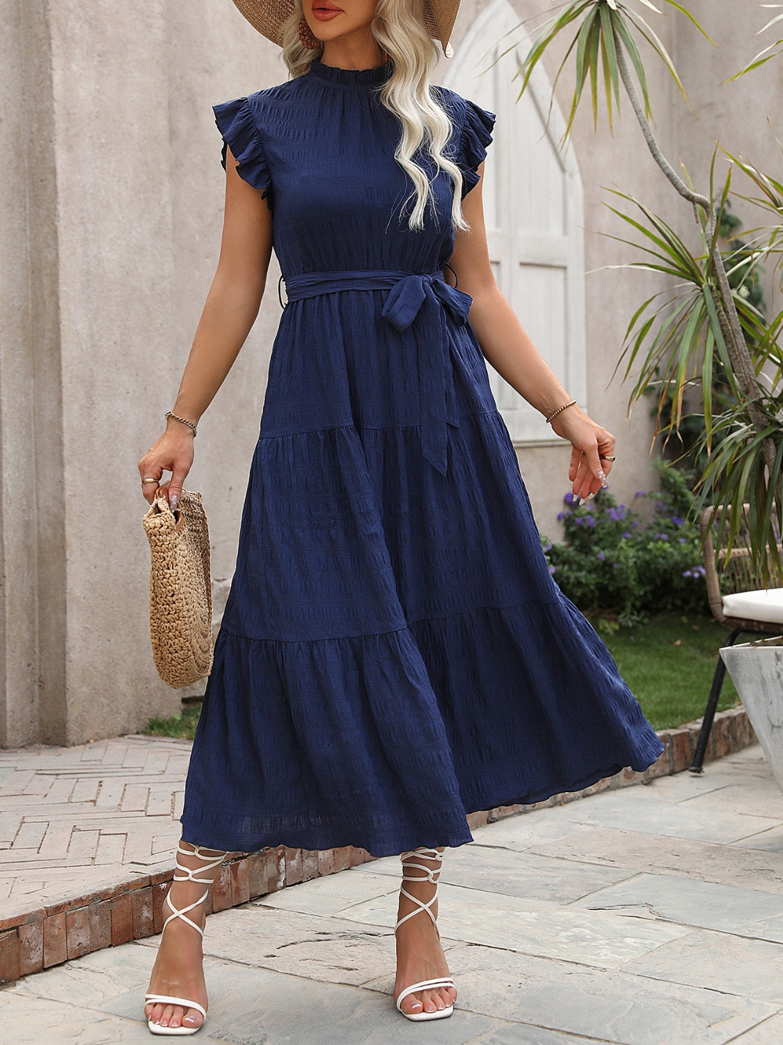 Tied Ruffled Cap Sleeve Midi Dress