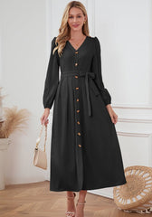 V-Neck Button Up Tie Front Long Sleeve Dress