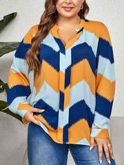 Plus Size Printed Notched Neck Long Sleeve Blouse