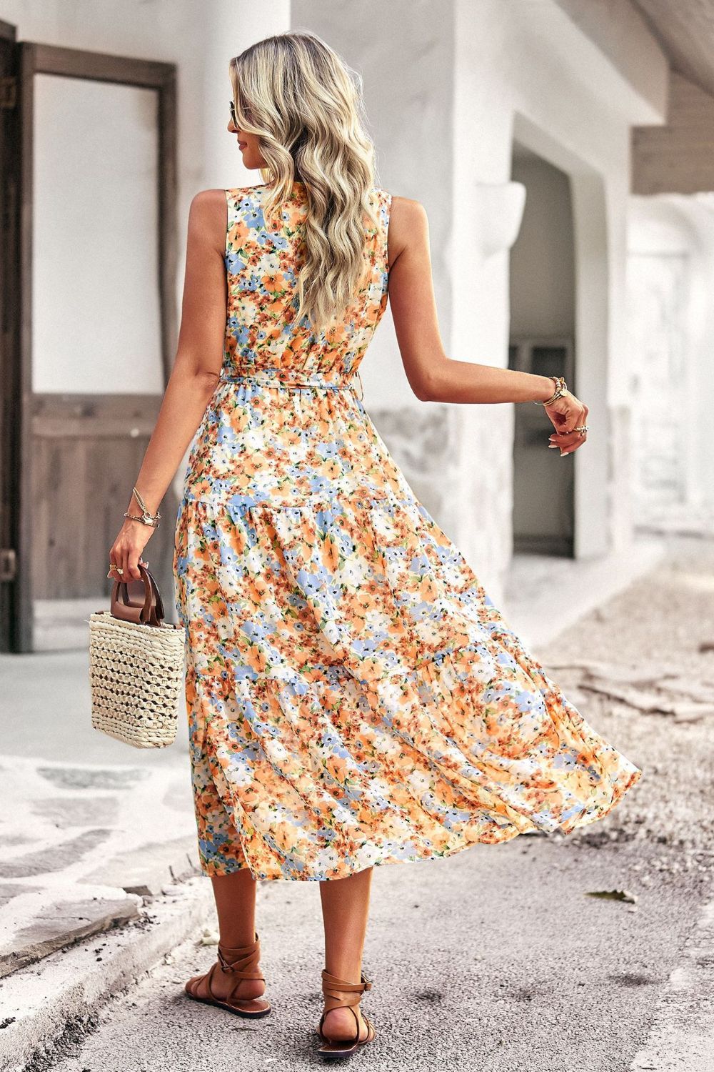 Floral Belted Sleeveless Tiered Dress