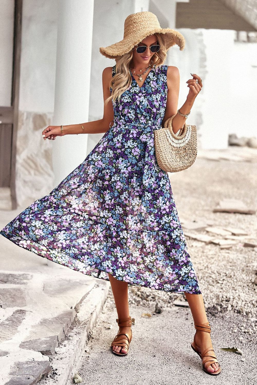 Floral Belted Sleeveless Tiered Dress