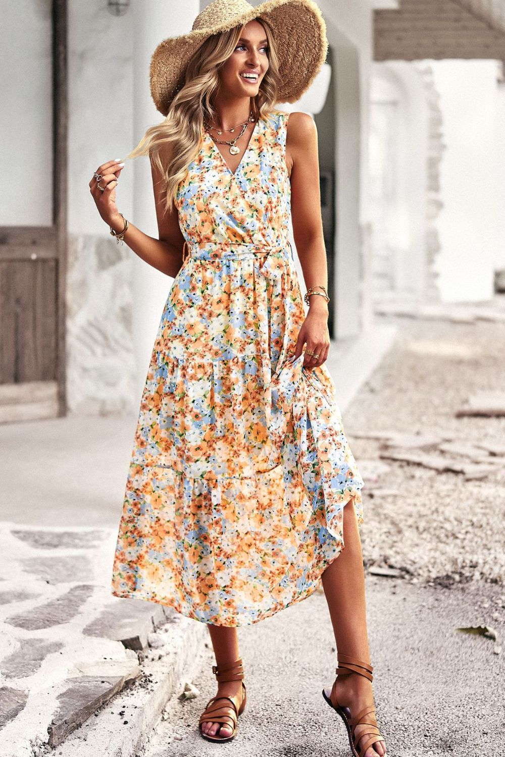 Floral Belted Sleeveless Tiered Dress