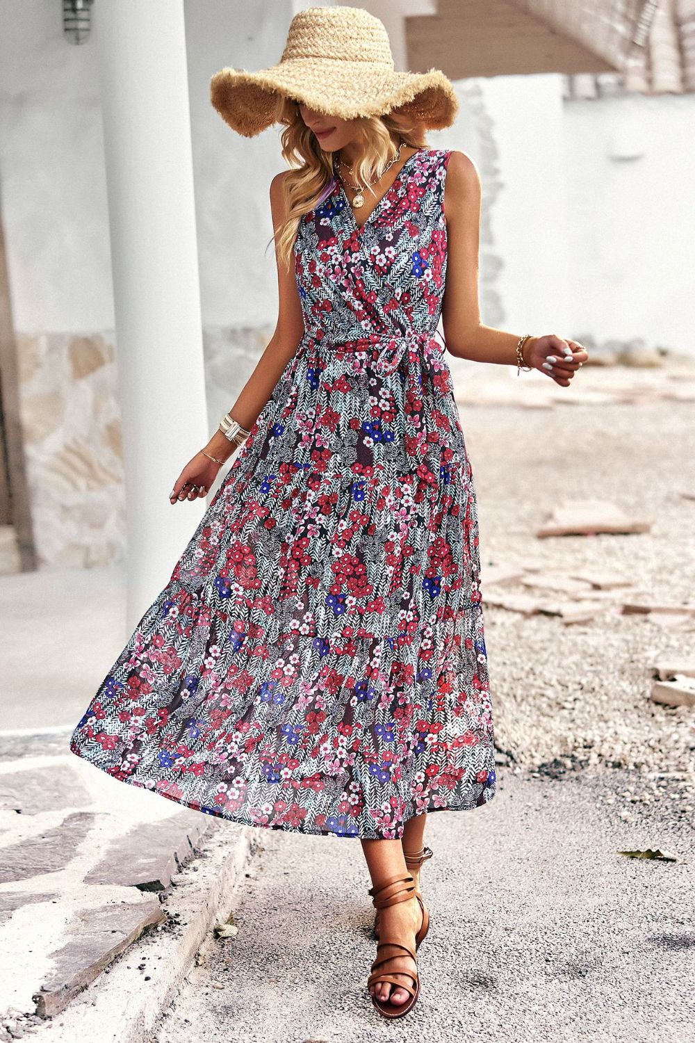 Floral Belted Sleeveless Tiered Dress