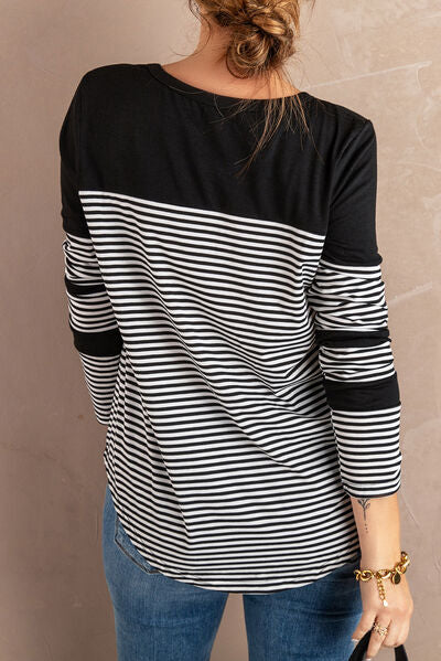 Pocketed Striped Round Neck T-Shirt