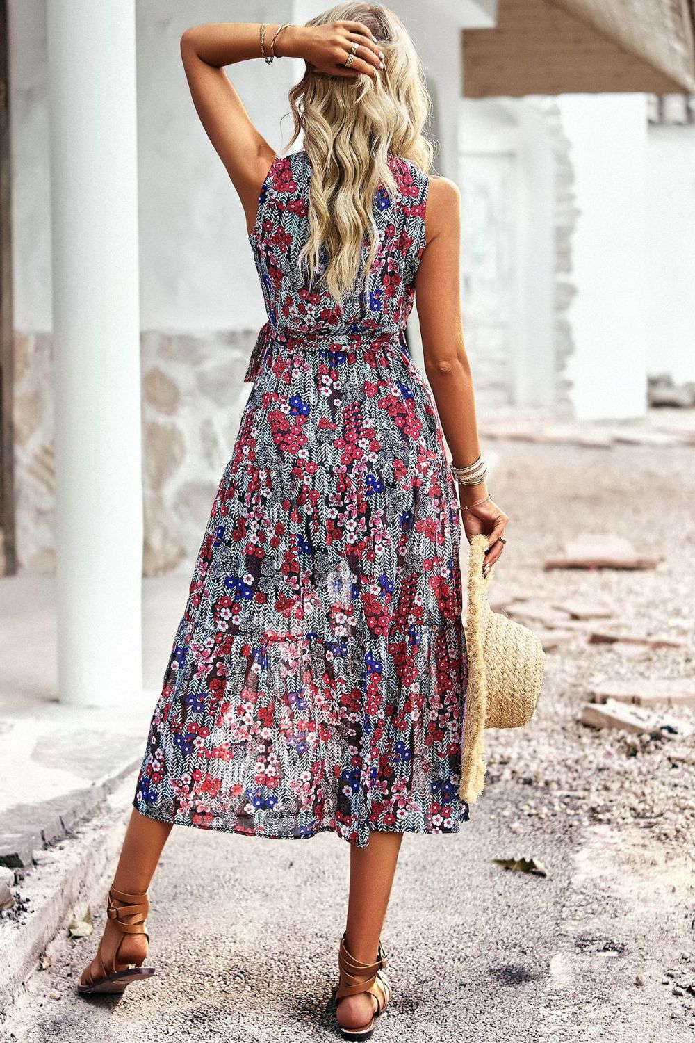 Floral Belted Sleeveless Tiered Dress