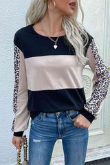 Leopard Color Block Long Sleeve Sweatshirt