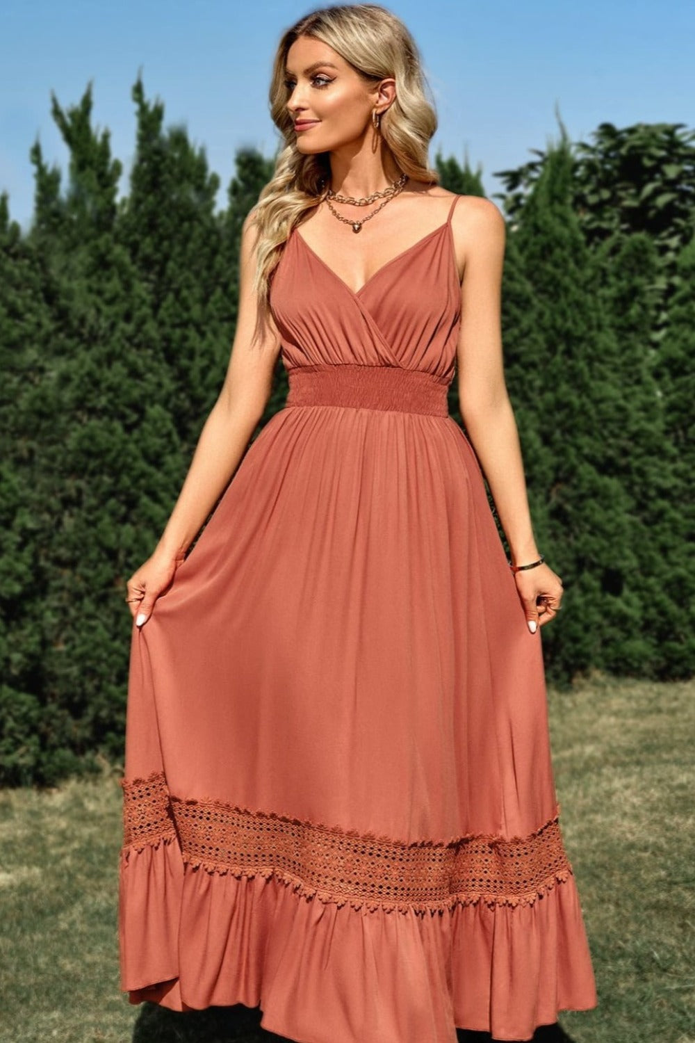 Spaghetti Strap Smocked Waist Spliced Lace Dress