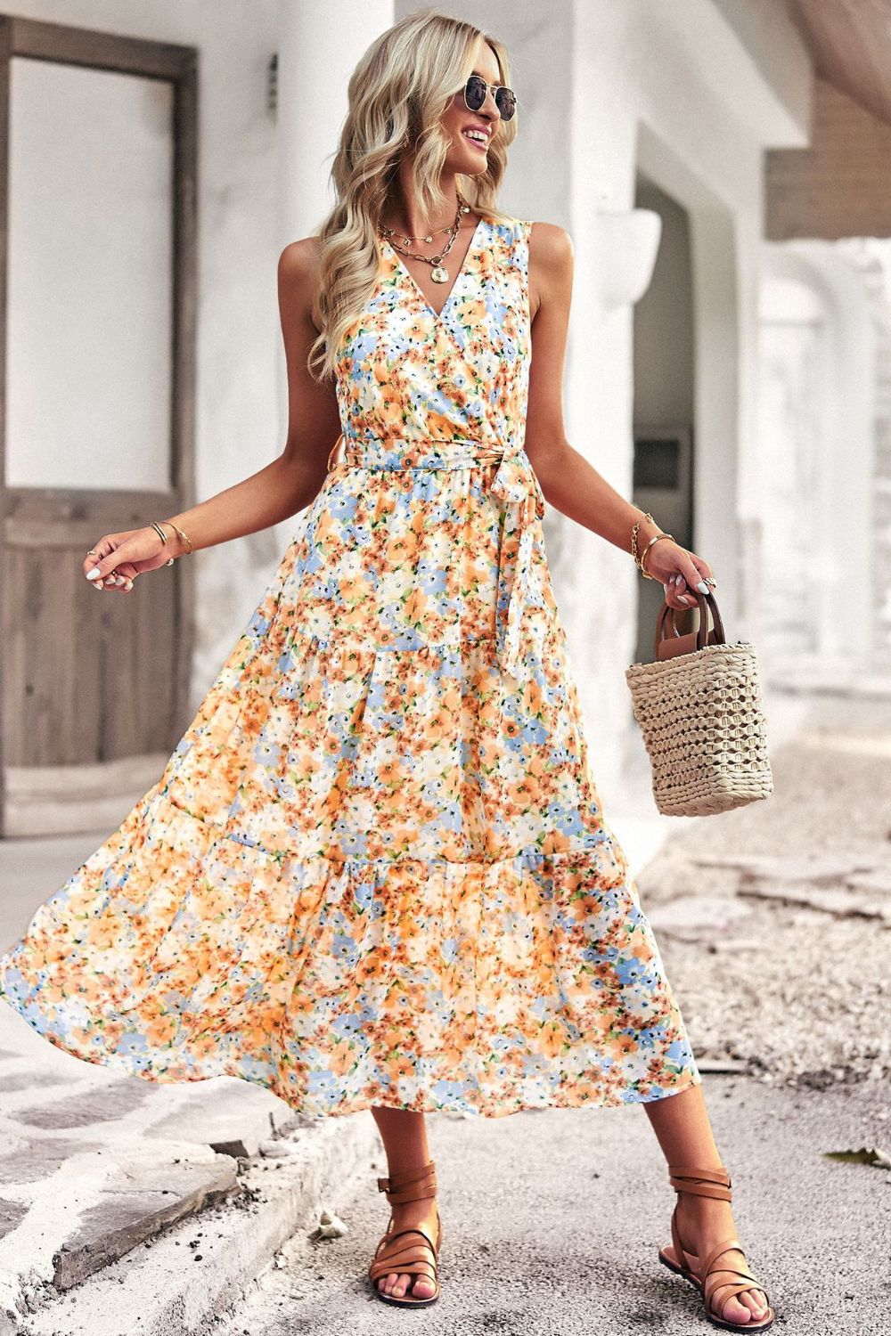 Floral Belted Sleeveless Tiered Dress