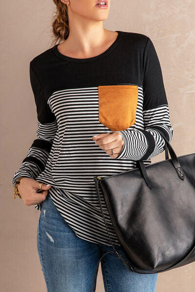 Pocketed Striped Round Neck T-Shirt