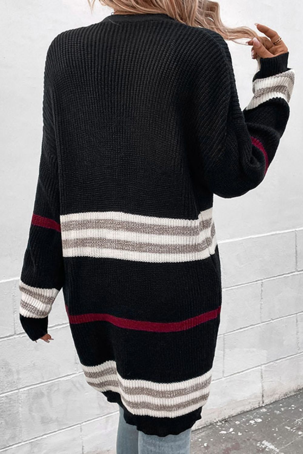 Striped Rib-Knit Drop Shoulder Cardigan