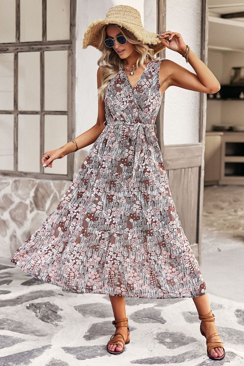 Floral Belted Sleeveless Tiered Dress