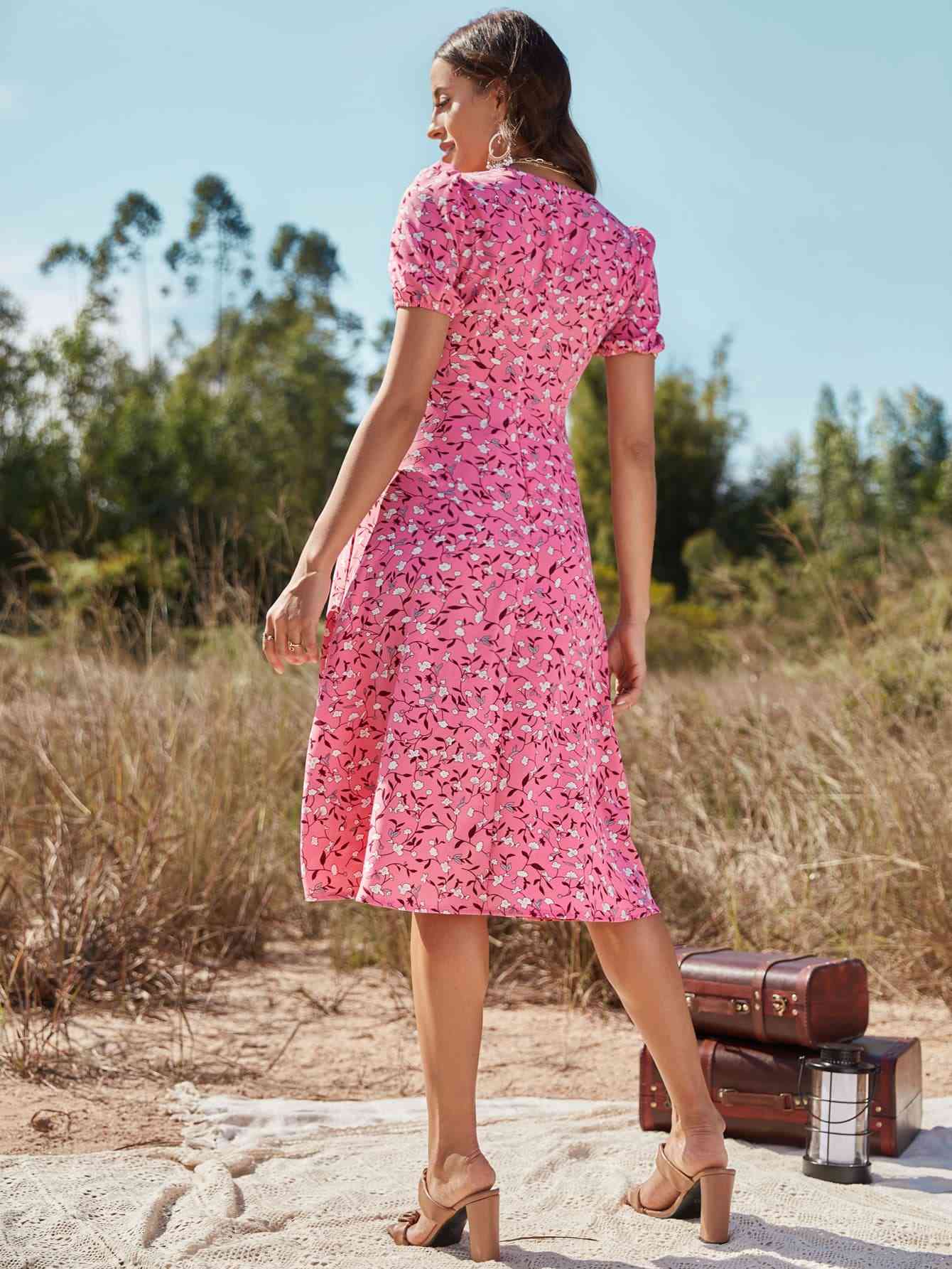 Floral Ruched Front Slit Dress