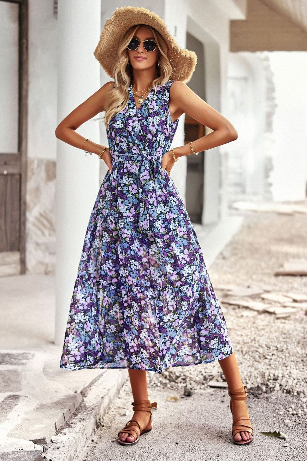 Floral Belted Sleeveless Tiered Dress