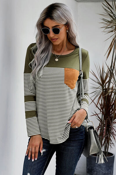 Pocketed Striped Round Neck T-Shirt