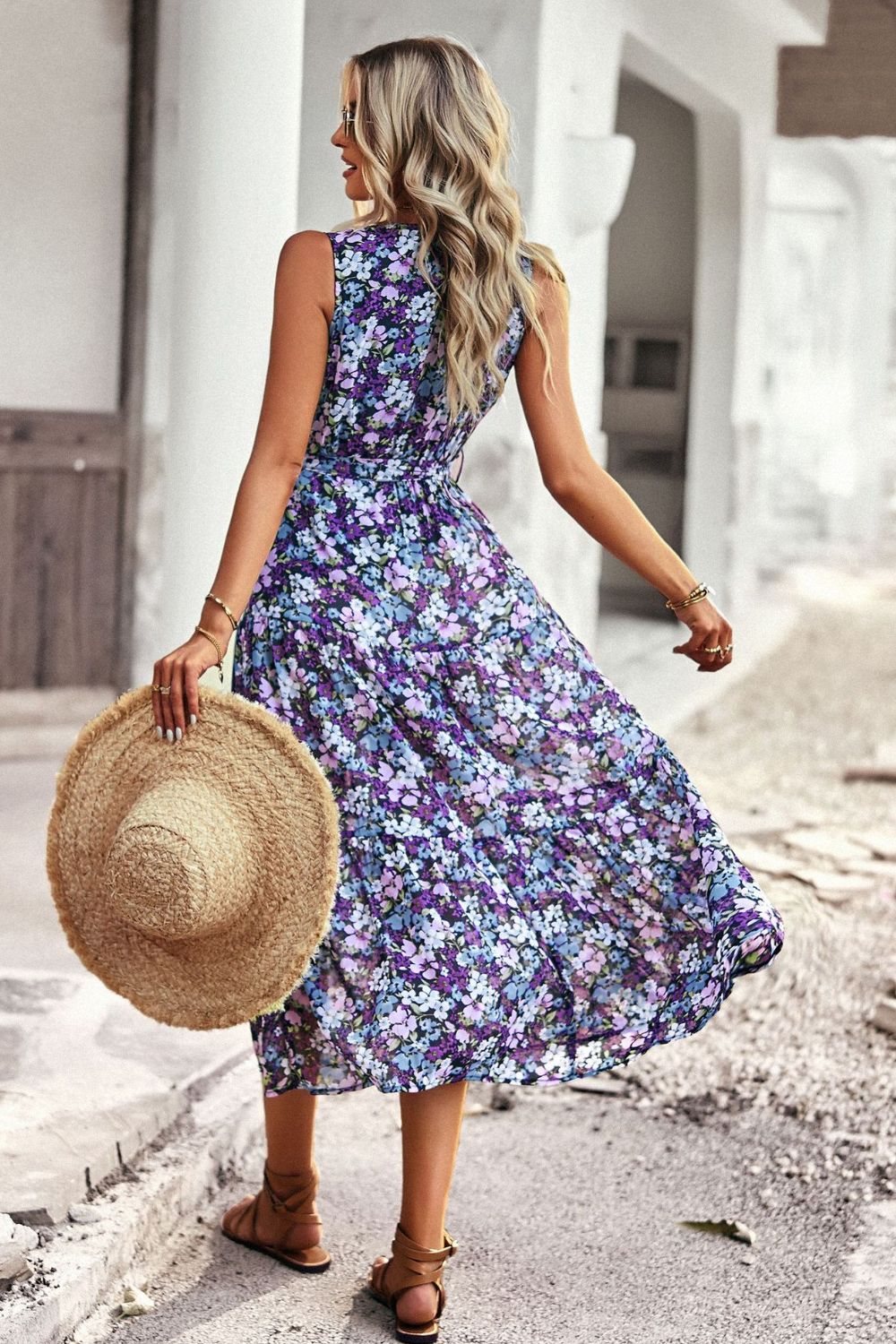 Floral Belted Sleeveless Tiered Dress