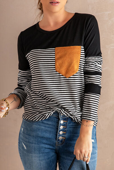 Pocketed Striped Round Neck T-Shirt