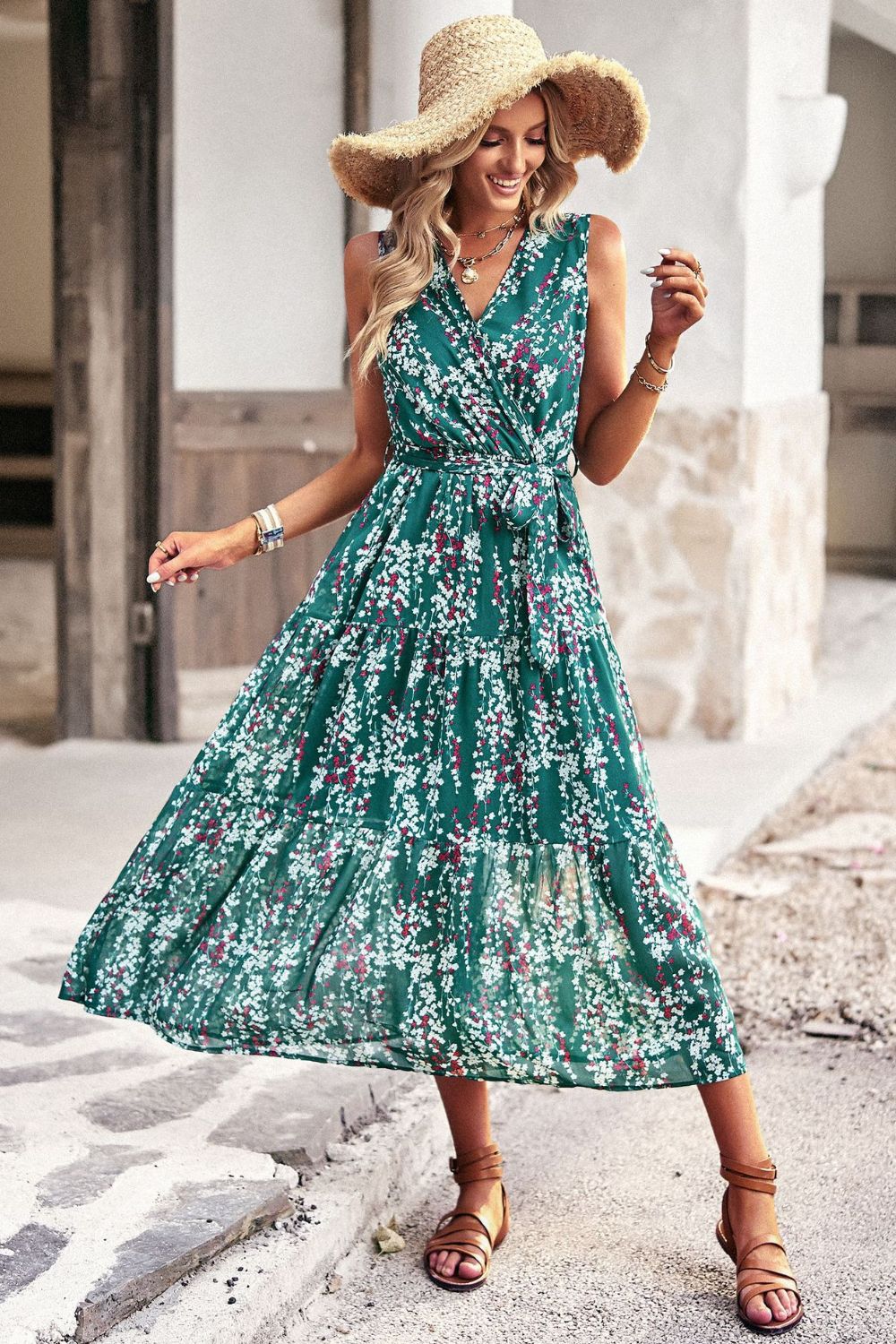 Floral Belted Sleeveless Tiered Dress