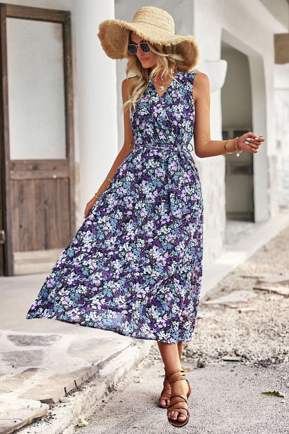 Floral Belted Sleeveless Tiered Dress